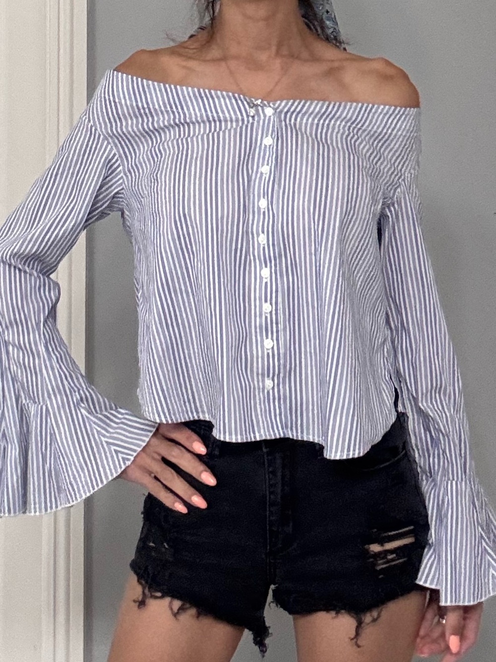 Free People Off-the-Shoulder Blue & White Striped Button Front Top